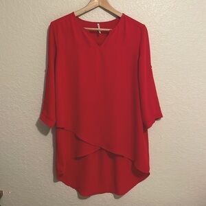 MOON ORCHID Women’s Red High/Low Tier 3/4 Length Sleeve V-Neck Blouse Top Size S